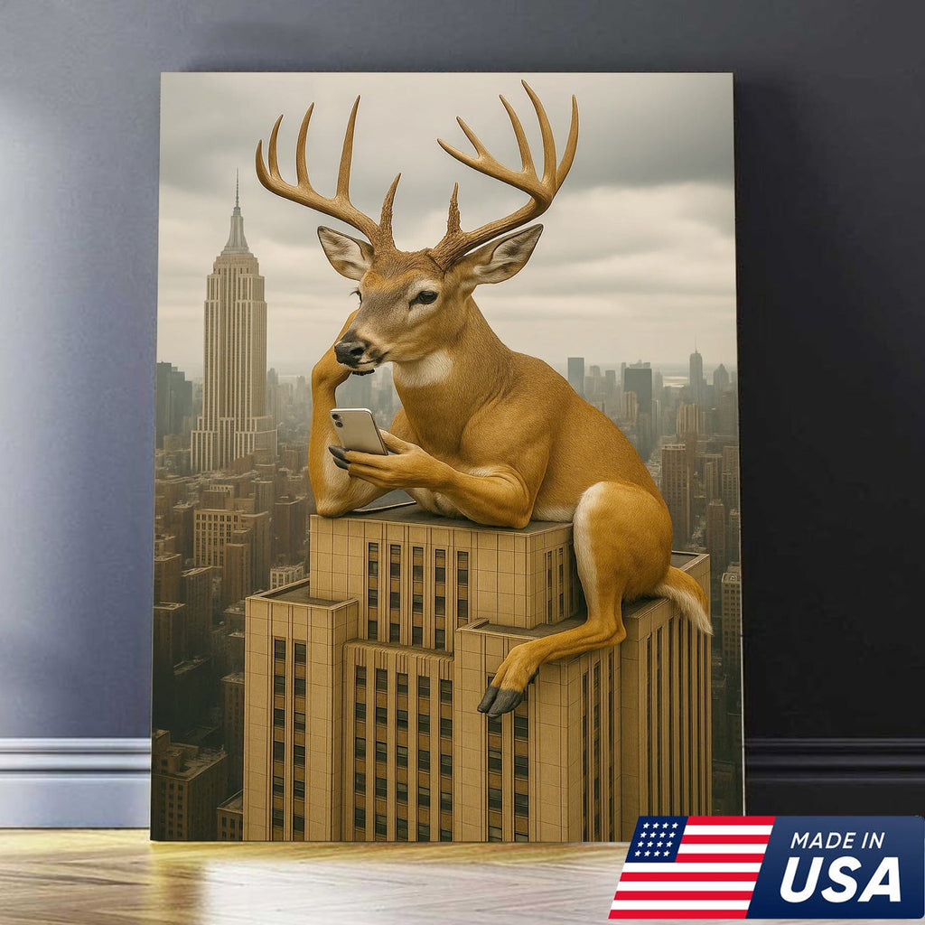 Funny Deer City Canvas Wall Art — Whitetail Buck on Skyscraper Using Phone, Surreal Urban Wildlife Artwork