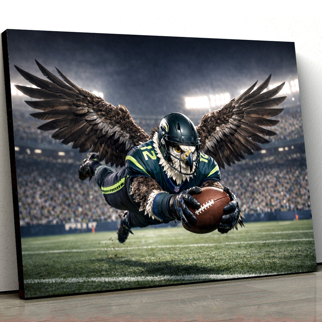 Soaring Eagle Football Canvas Wall Art – Winged Athlete Diving Catch Stadium Print