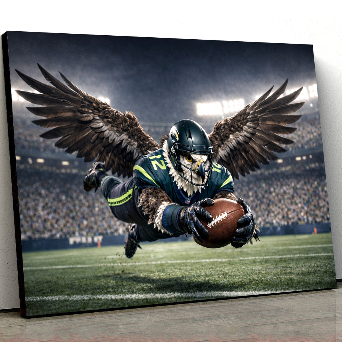 Soaring Eagle Football Canvas Wall Art – Winged Athlete Diving Catch Stadium Print