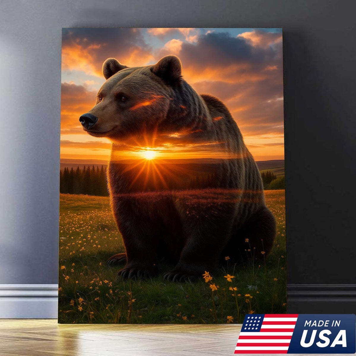 Sunset Bear Canvas Wall Art, Majestic Brown Bear Nature Landscape Print