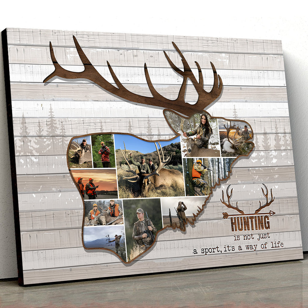 Personalized Hunting Photo Collage Wall Art Canvas - Deer Buck Silhouette Gift for Hunters