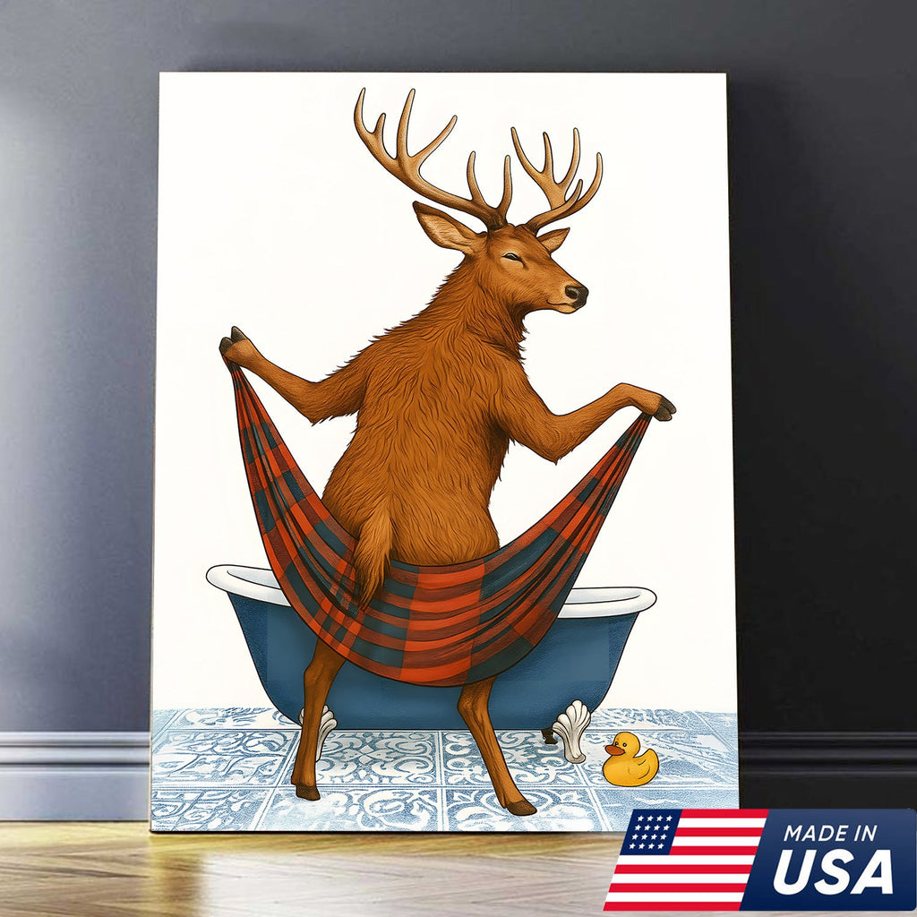 Funny Deer Bathroom Canvas Art – Unique Gift for Hunters, Rustic Cabin & Wildlife Lovers