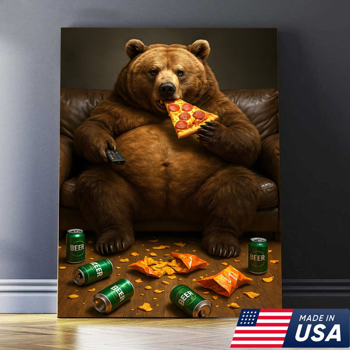 Funny Bear Eating Pizza Canvas Wall Art – Lazy Beer Lover Animal Canvas, Man Cave