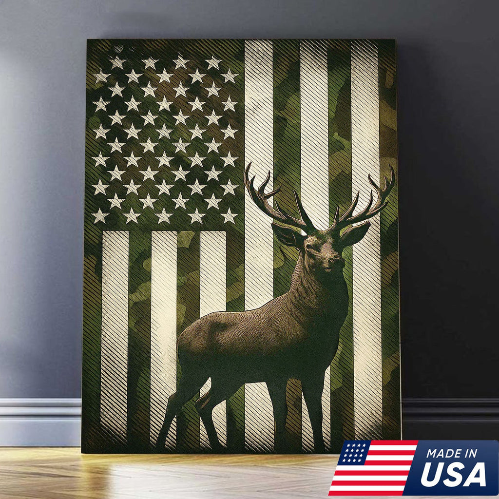 Patriotic Deer American Flag Canvas Wall Art, Camo USA Flag Buck Print