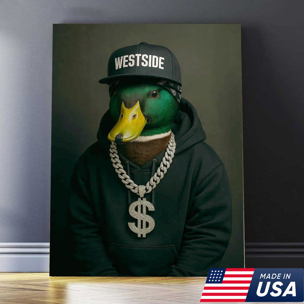 Gangster Duck Canvas Wall Art – Funny Animal Portrait, Hip Hop Duck Decor