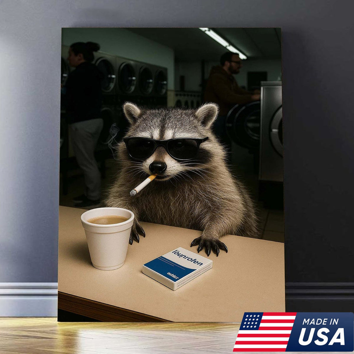 Cool Raccoon Laundromat Canvas Wall Art, Funny Coffee Drinking Raccoon Print