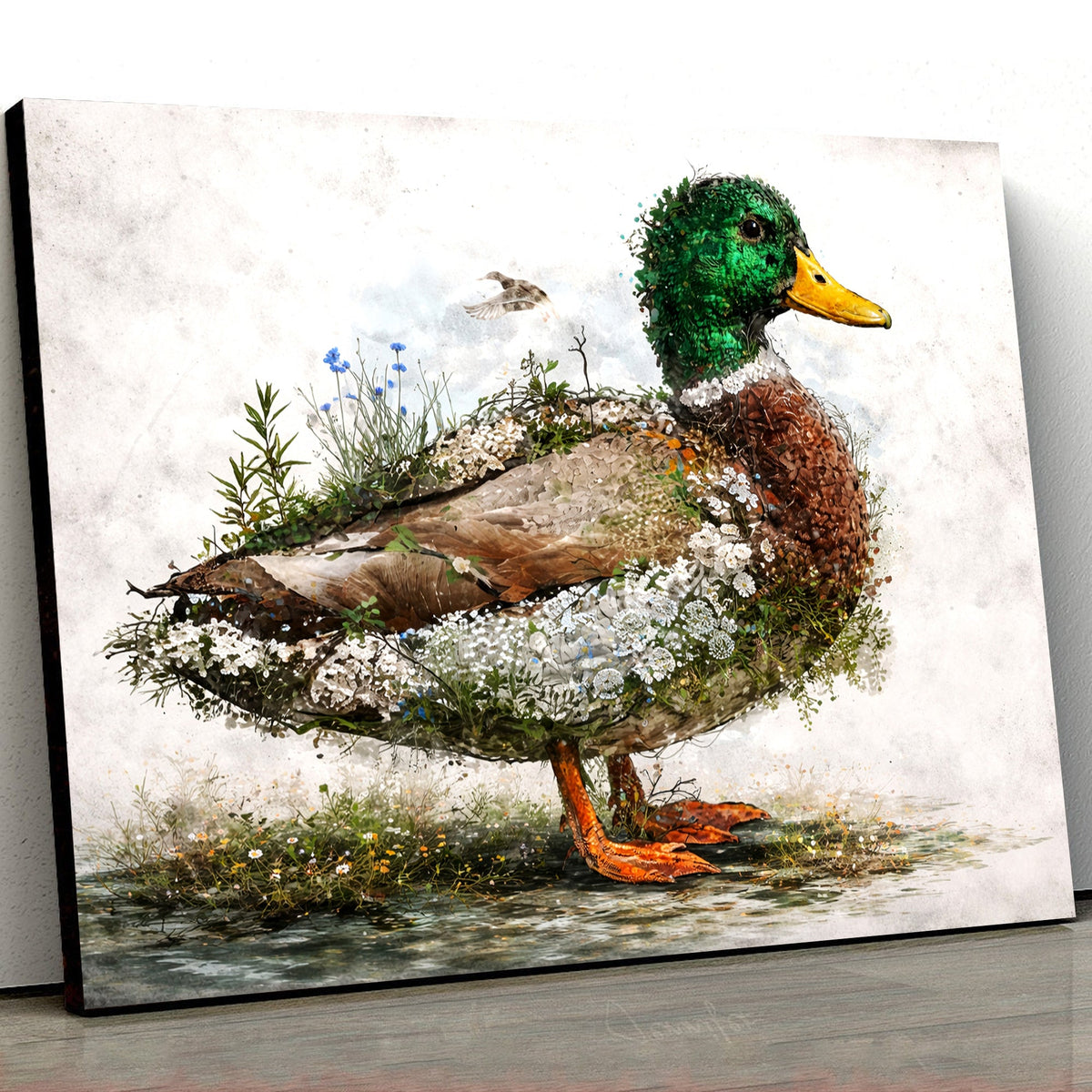 Mallard Duck Floral Nature Canvas Wall Art, Artistic Wildlife Bird Illustration