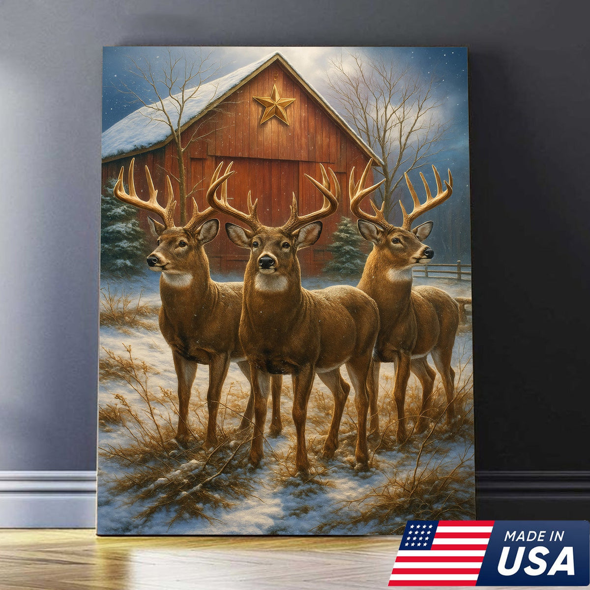Deer Trio Winter Barn Canvas – Rustic Wildlife Wall Art Gift for Hunters, Nature & Christmas Lovers