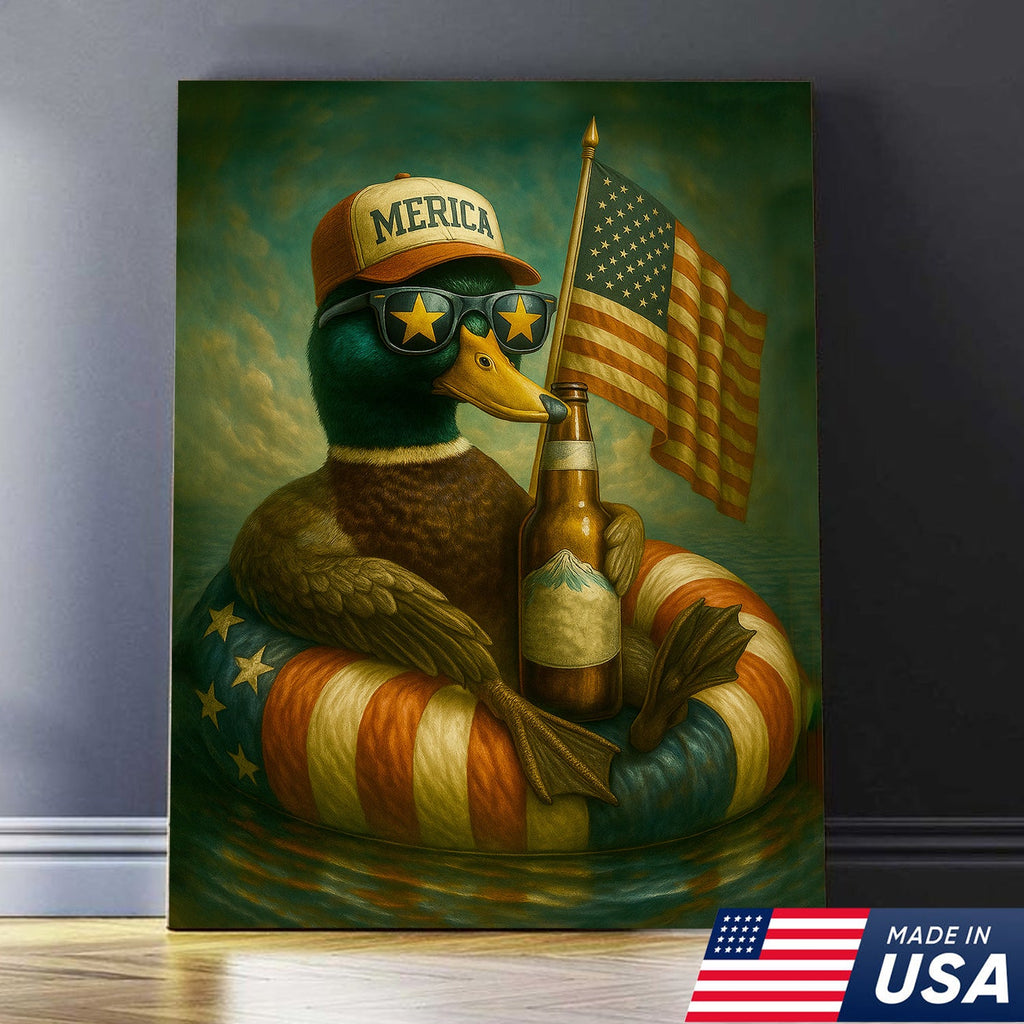 Funny Patriotic Duck Canvas Wall Art – Rustic American Flag Decor Gift for Hunters & Beer Lovers