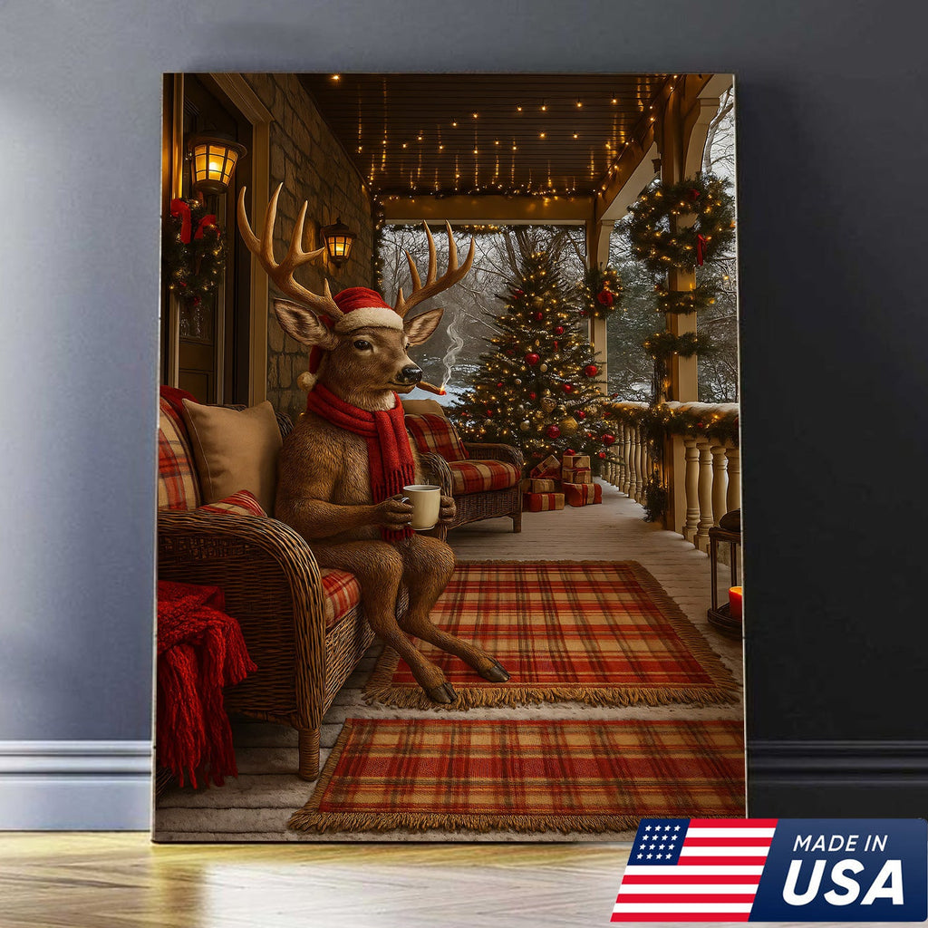 Christmas Deer Porch Canvas Wall Art, Cozy Cabin Reindeer With Scarf Holiday Print