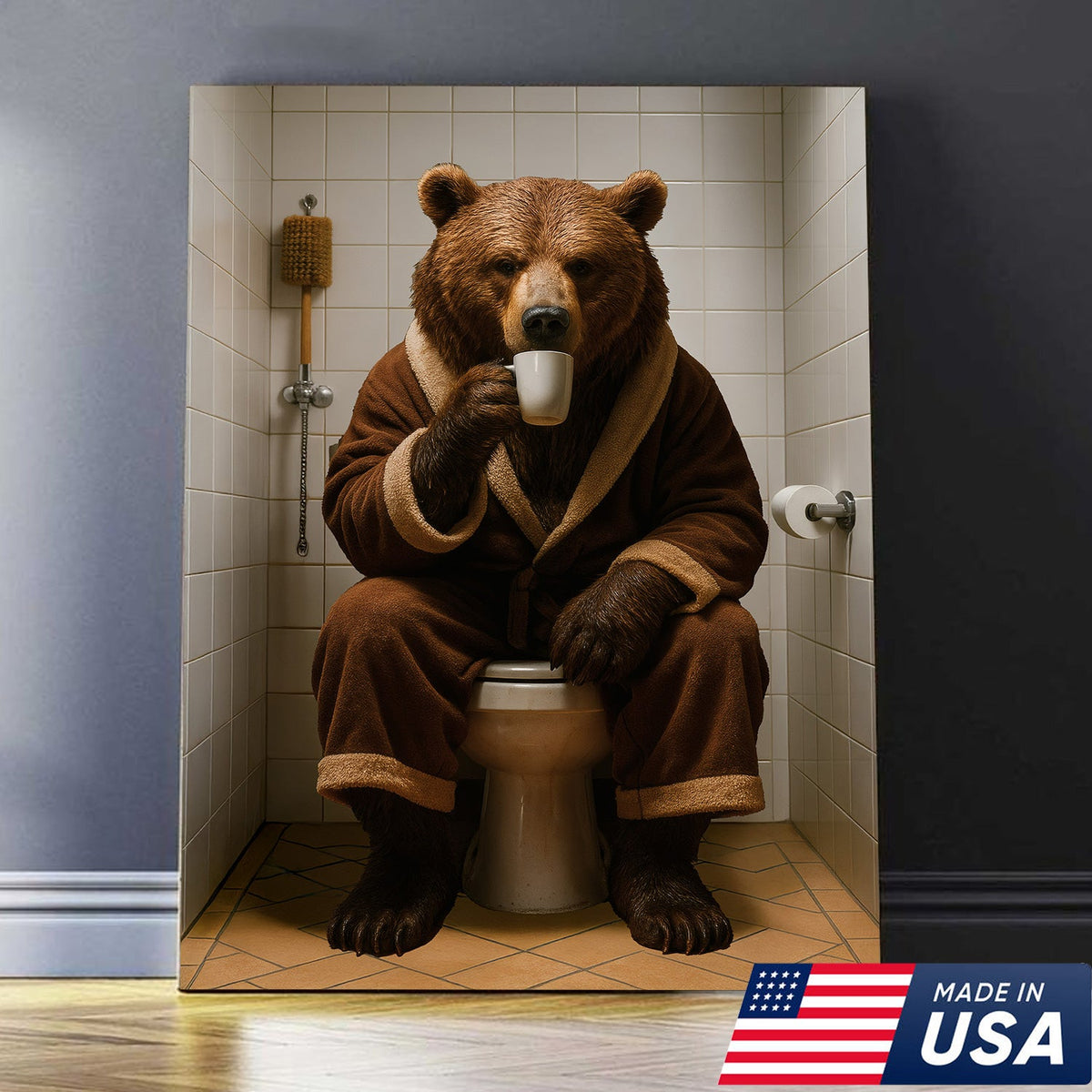 Hilarious Bear Toilet Canvas Wall Art – Morning Coffee, Quirky Bathroom Humor