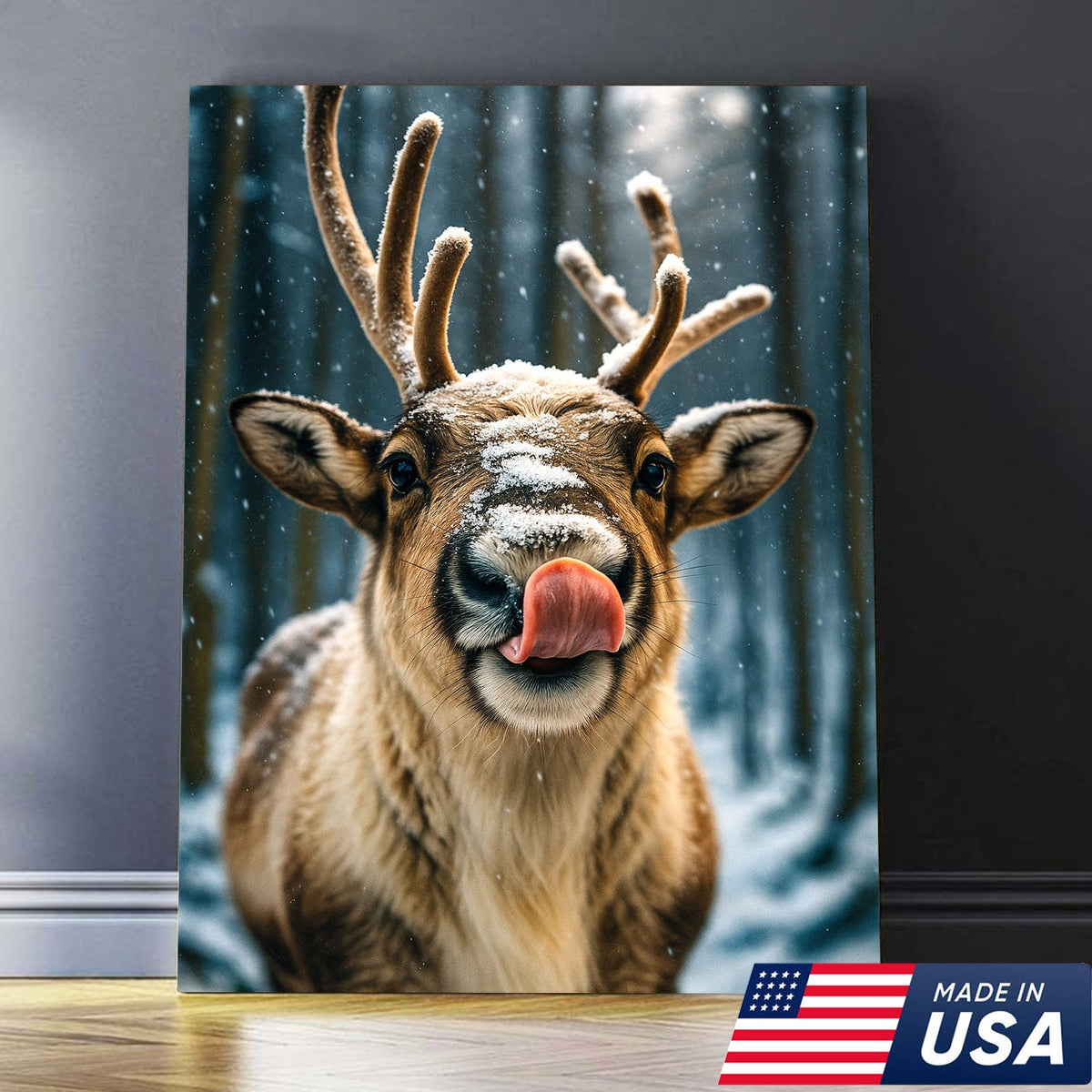 Winter Reindeer Portrait Canvas – Rustic Forest Wall Art for Cabin & Lodge Decor