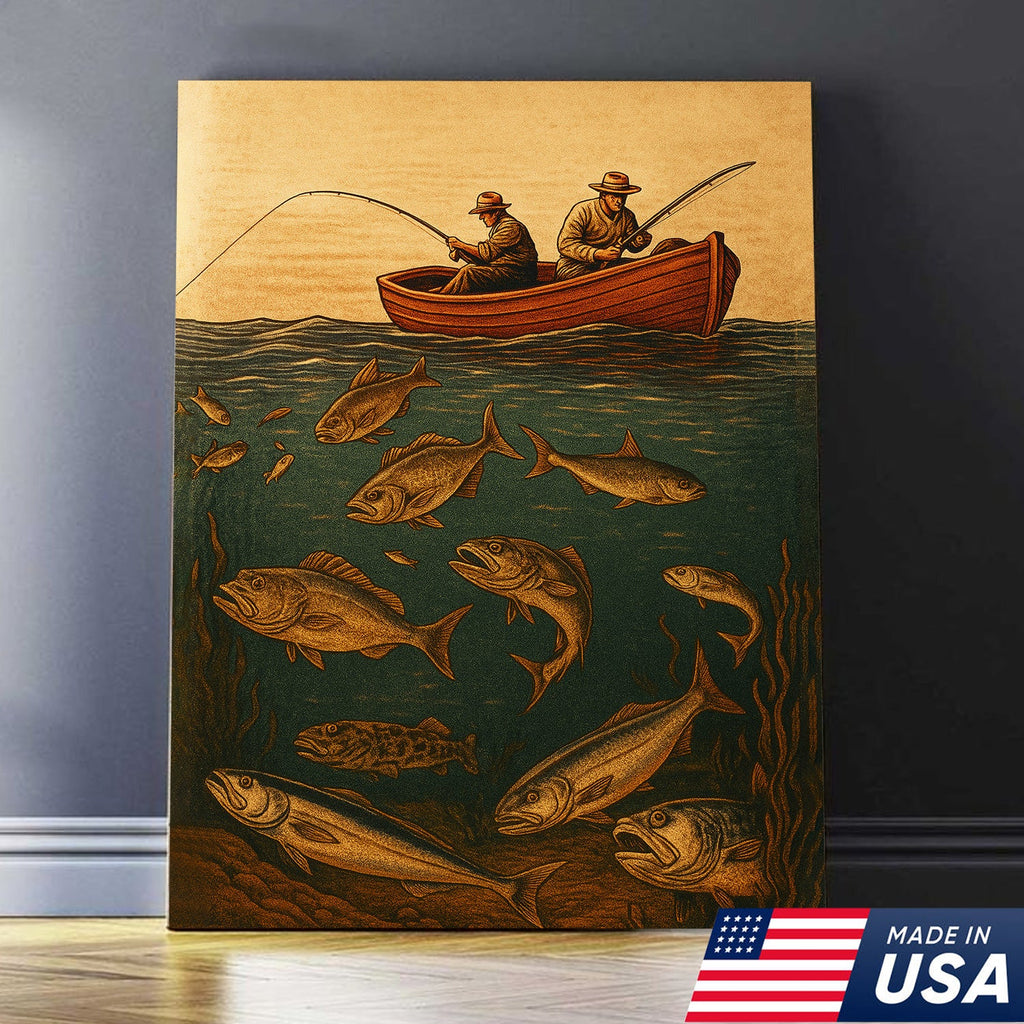 Vintage Fishermen Woodcut Wall Art – Retro Fishing Canvas Print