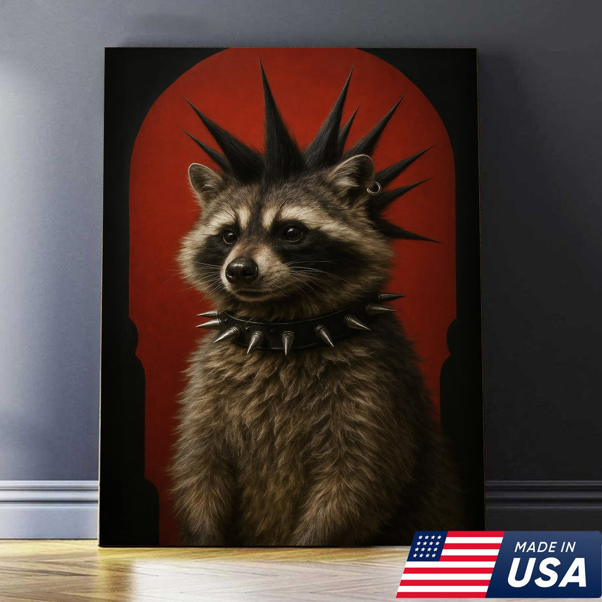 Punk Raccoon Canvas Wall Art, Spiked Mohawk Animal Portrait, Gothic Aesthetic Room Decor