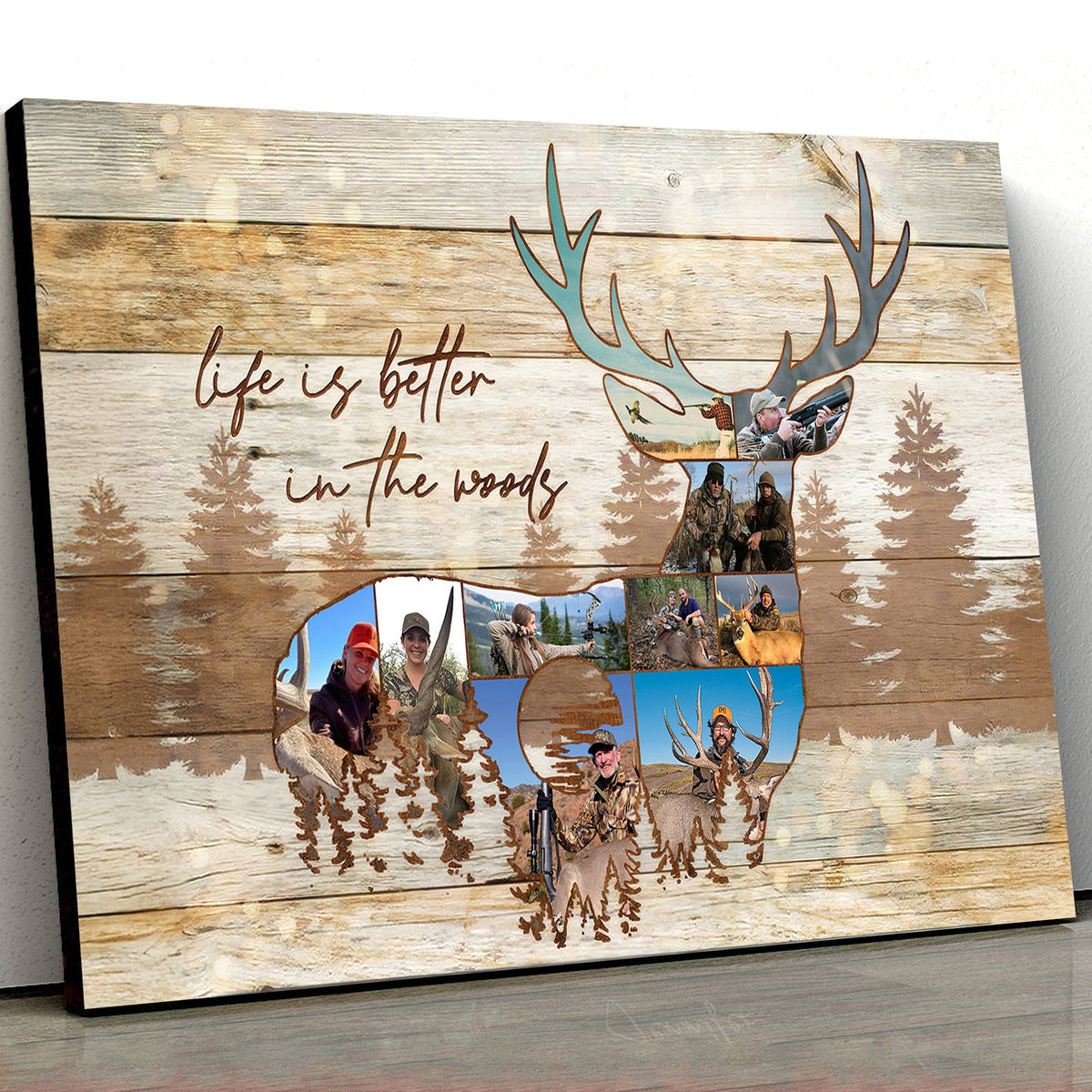 Custom Hunting Photo Collage Canvas – “Life Is Better in the Woods” Rustic Deer Wall Art