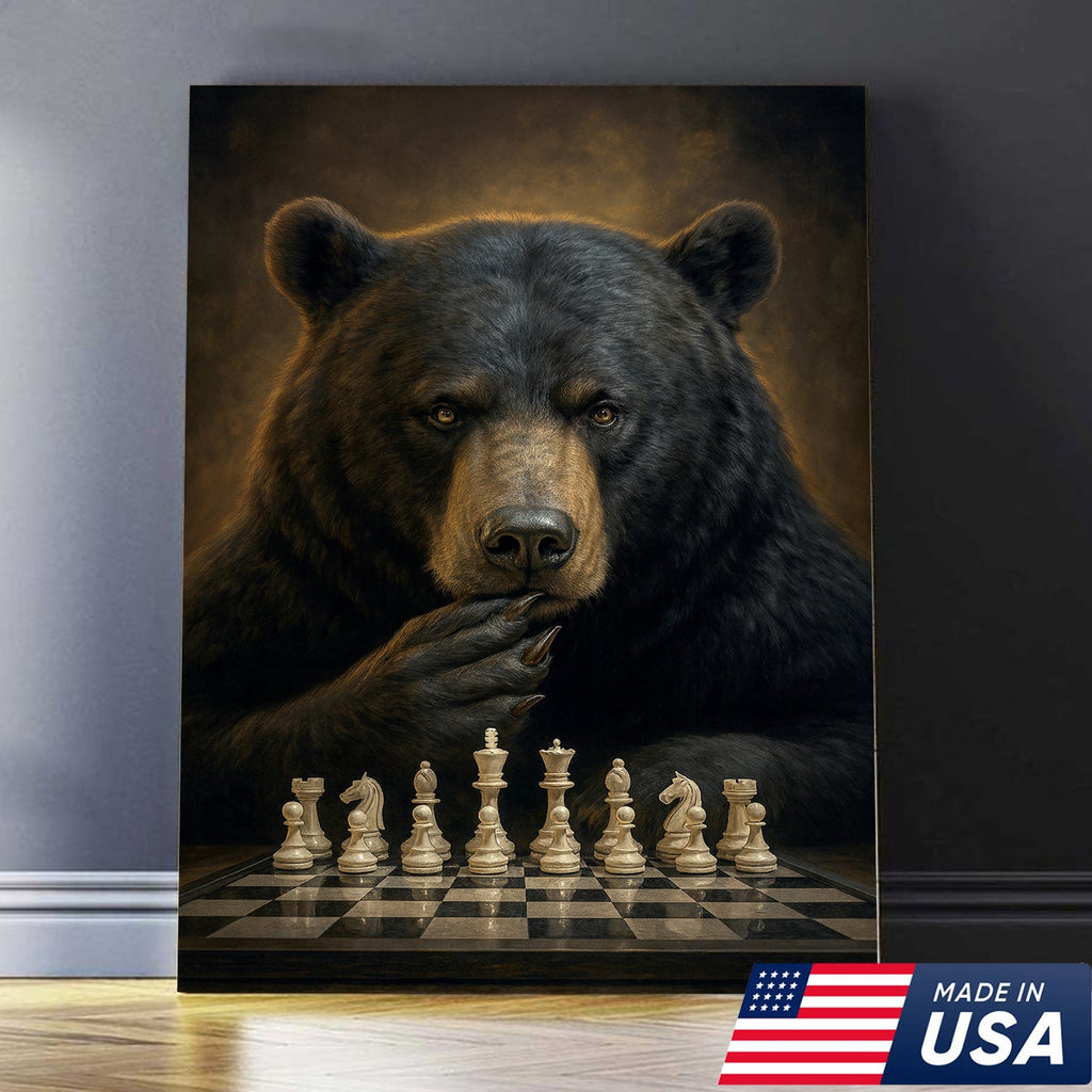 Chess Master Bear Wall Art Canvas – Strategic Bear Canvas Print for Man Cave & Smart Decor