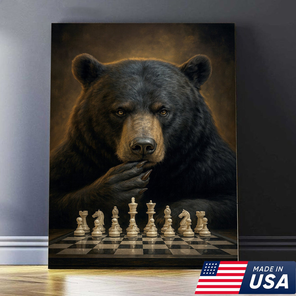 Chess Master Bear Wall Art Canvas – Strategic Bear Canvas Print for Man Cave & Smart Decor