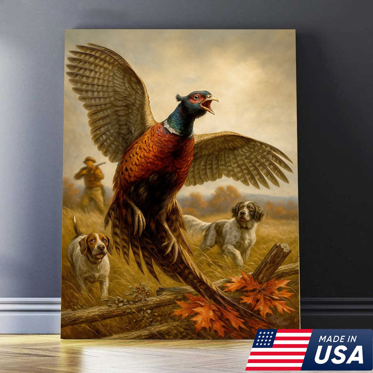 Pheasant Hunting Canvas – Flushing Bird with Pointing Dogs, Cabin & Man Cave Wall Art