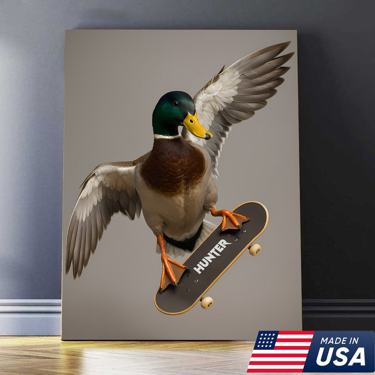 Funny Skater Duck Canvas, Cool Mallard Wall Art, Humorous Bird Lover Decor for Man Cave