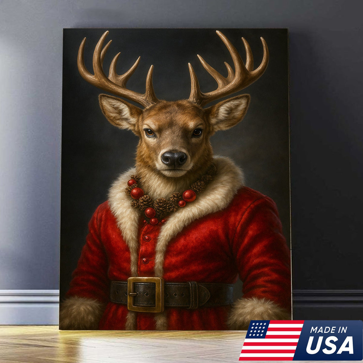 Vintage Christmas Deer Portrait Wall Art Canvas – Red Coat product image 3