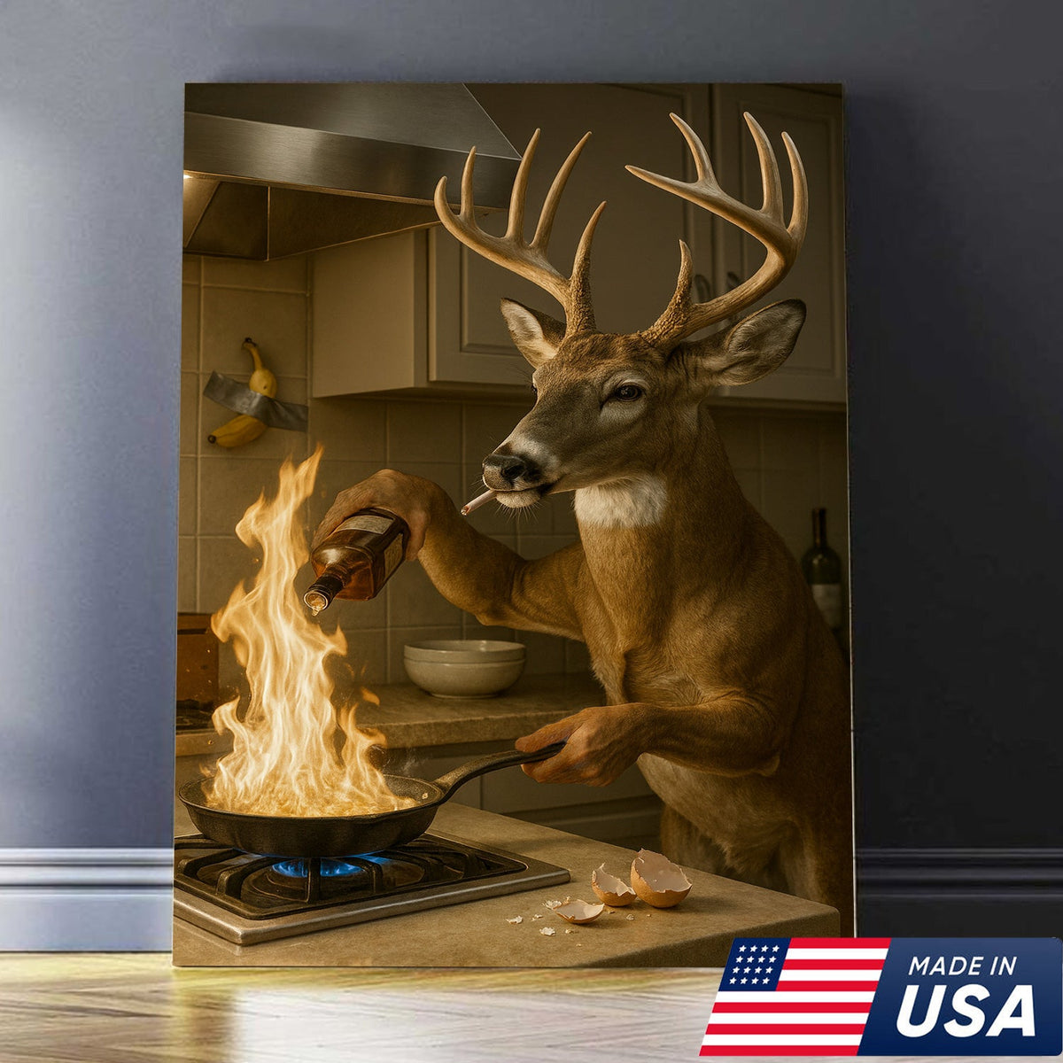Funny Deer Cooking Canvas, Hilarious Buck Chef Wall Art, Rustic Humor Decor for Cabin