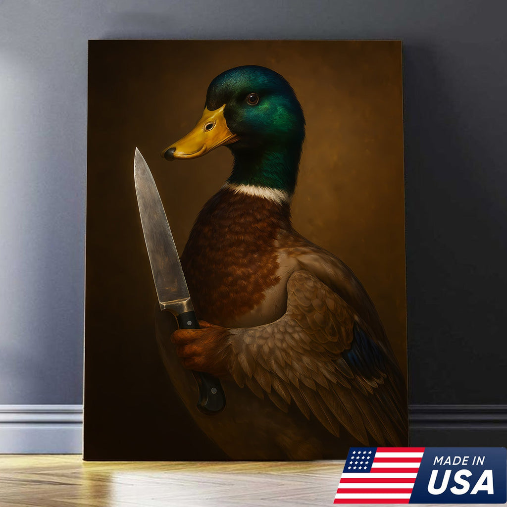 Funny Duck With Knife Wall Art – Mallard Portrait Painting, Dark Humor Animal Canvas