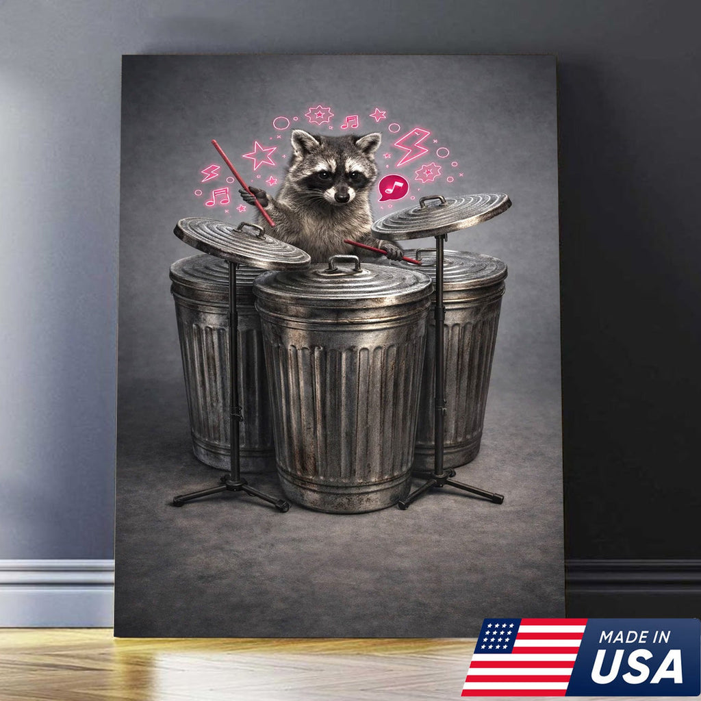 Funny Drummer Raccoon Wall Art Canvas Print, Music Lover Animal Illustration