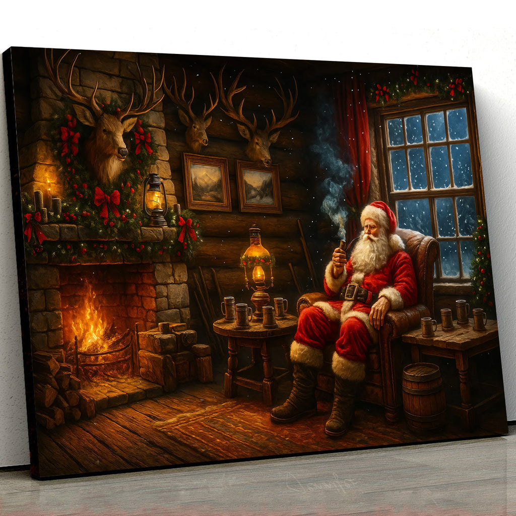Christmas Santa Cabin Canvas Wall Art, Rustic Fireplace Holiday Decor