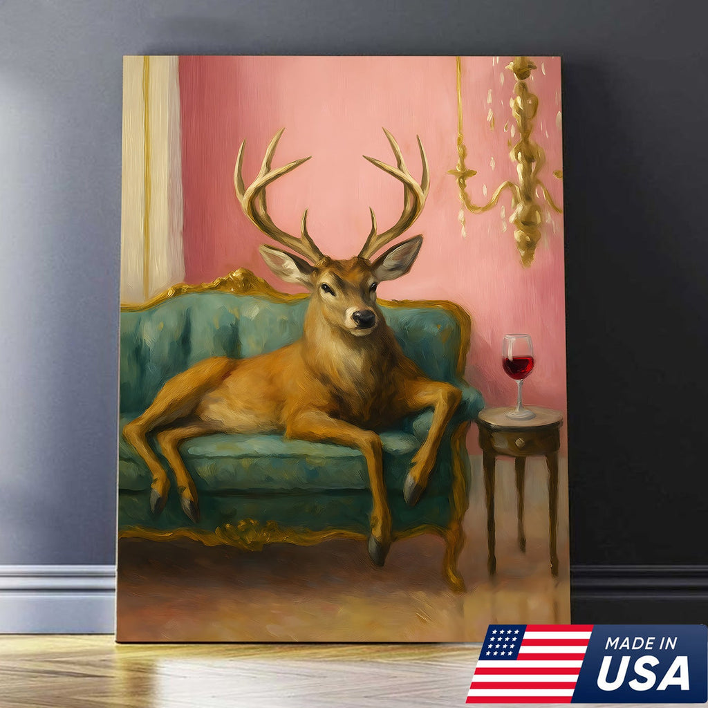 Funny Deer Chill On The Sofa Canvas Wall Art – Elegant Deer Drinking Wine Canvas