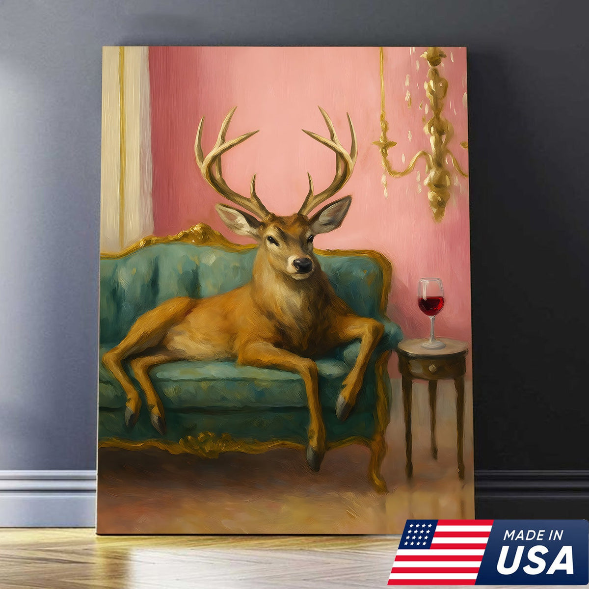Funny Deer Chill On The Sofa Canvas Wall Art – Elegant Deer Drinking Wine Canvas