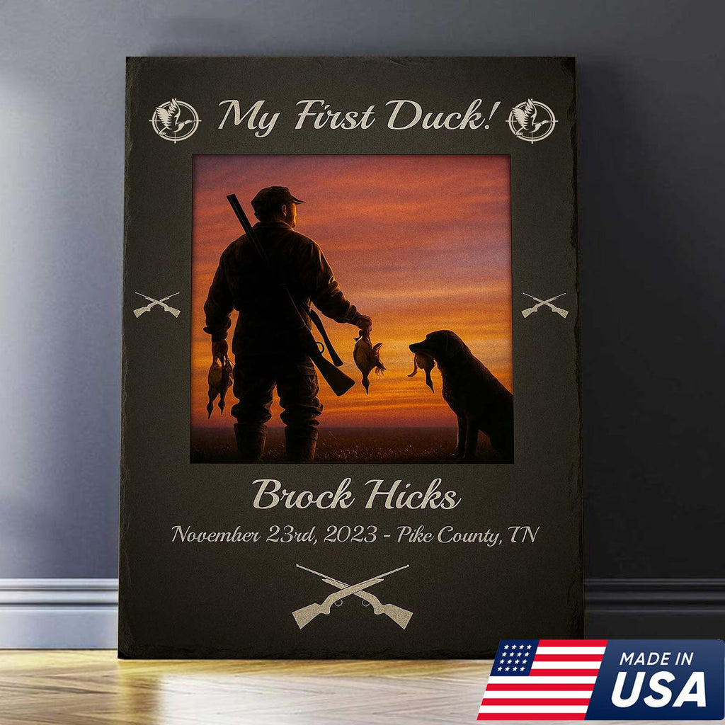 Custom My First Duck Wall Art Canvas, Personalized Duck Hunting Sunset with Dog