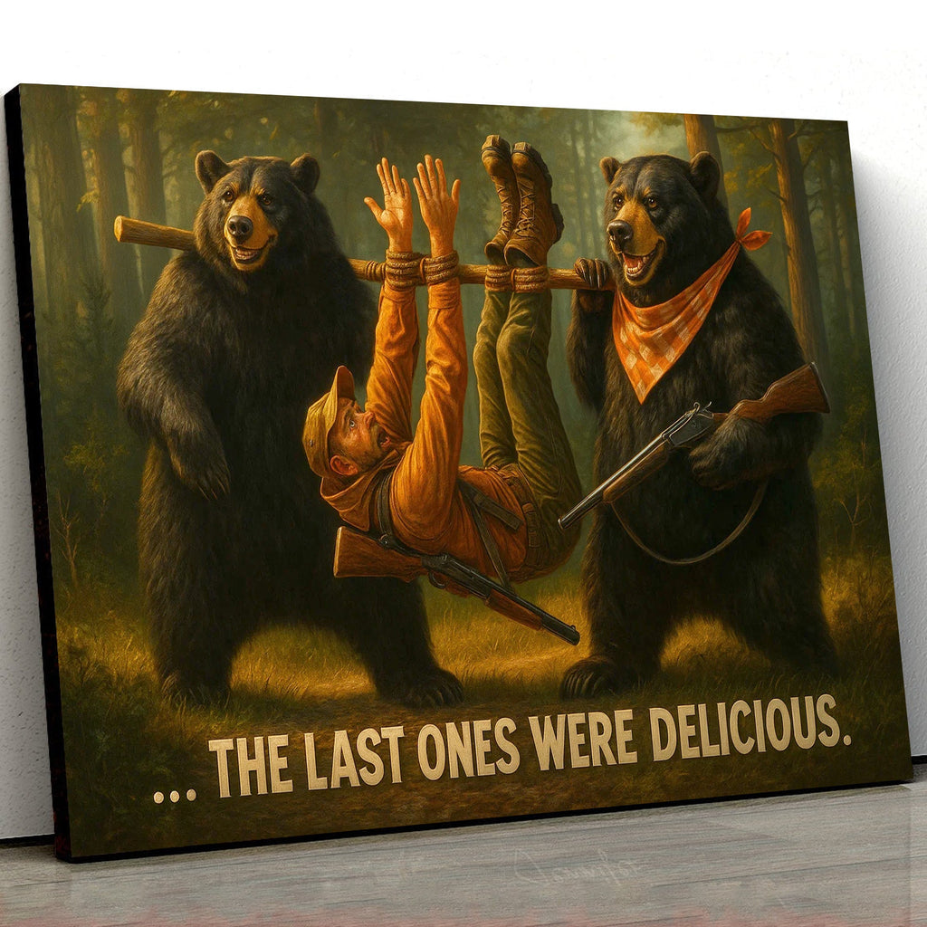 Funny Bear Hunting Canvas Wall Art - Hilarious Wilderness Scene with Hunter - Rustic Cabin and Lodge Decor