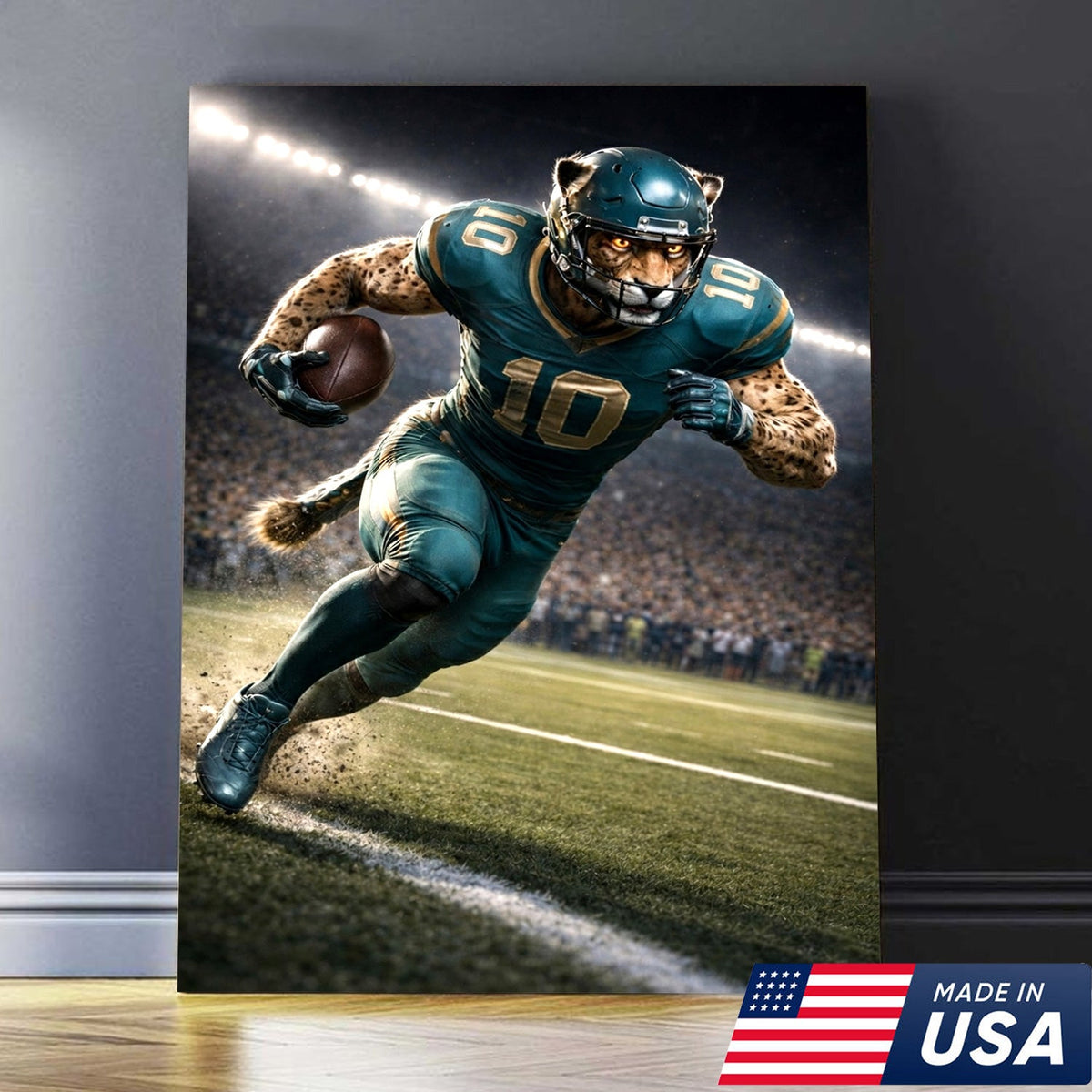 Fierce Cheetah Football Canvas Wall Art – Speed Hunter Athlete Stadium Action Print