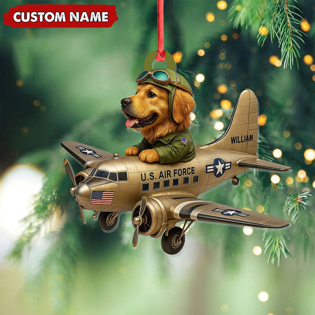 Personalized Dog Pilot Christmas Ornament, Custom Name U.S. Air Force Airplane, Military Dog Lover Tree Decor Gift
