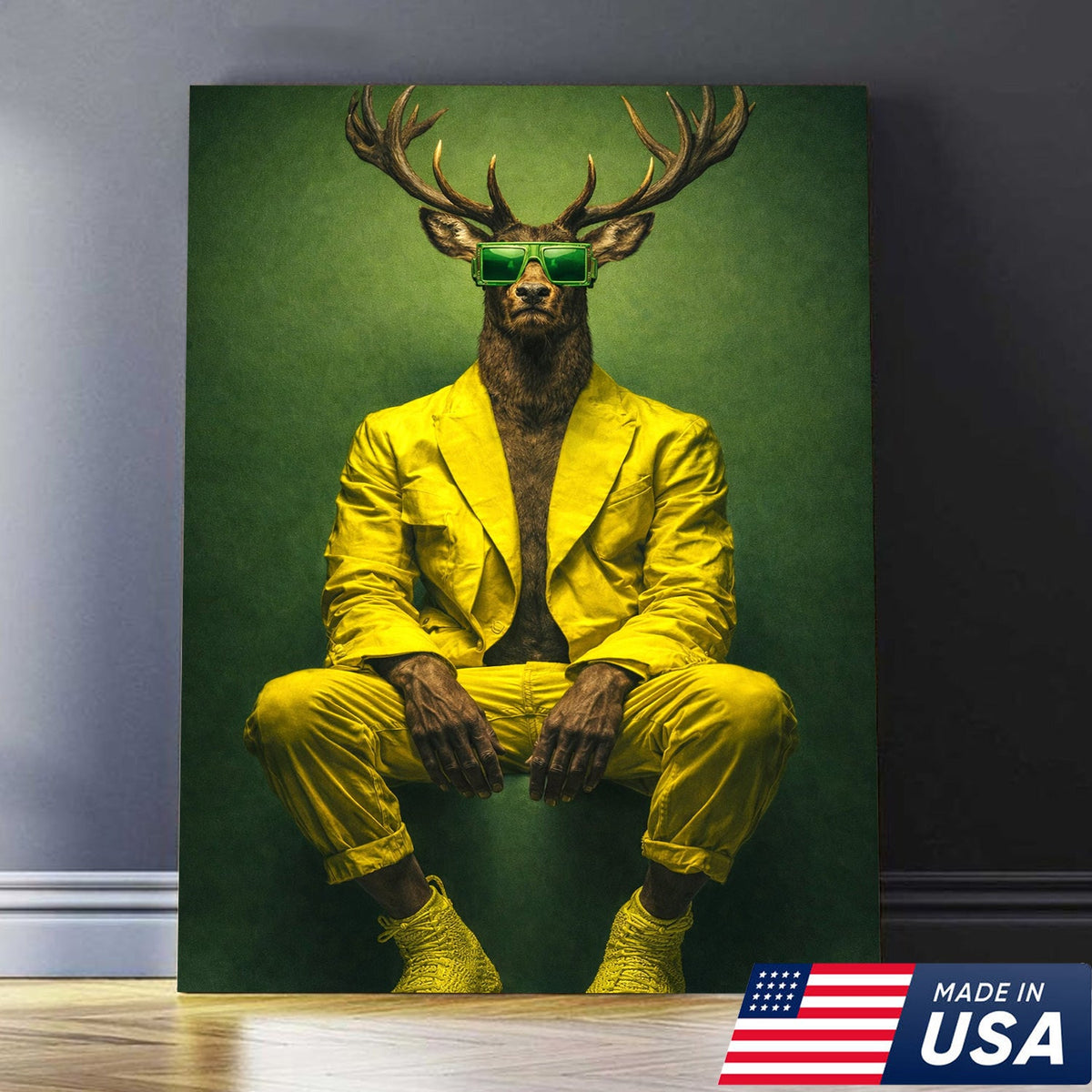 Cool Deer Canvas Wall Art Stylish Animal Portrait Green Suit Modern Decor