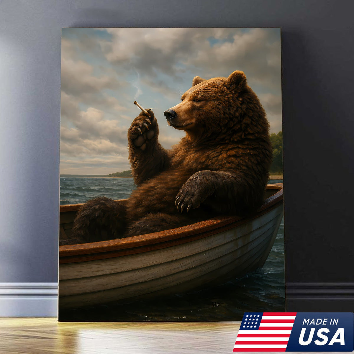 The Chill Bear on the Boat Wall Art Canvas – Funny Relaxed Wall Art for Men