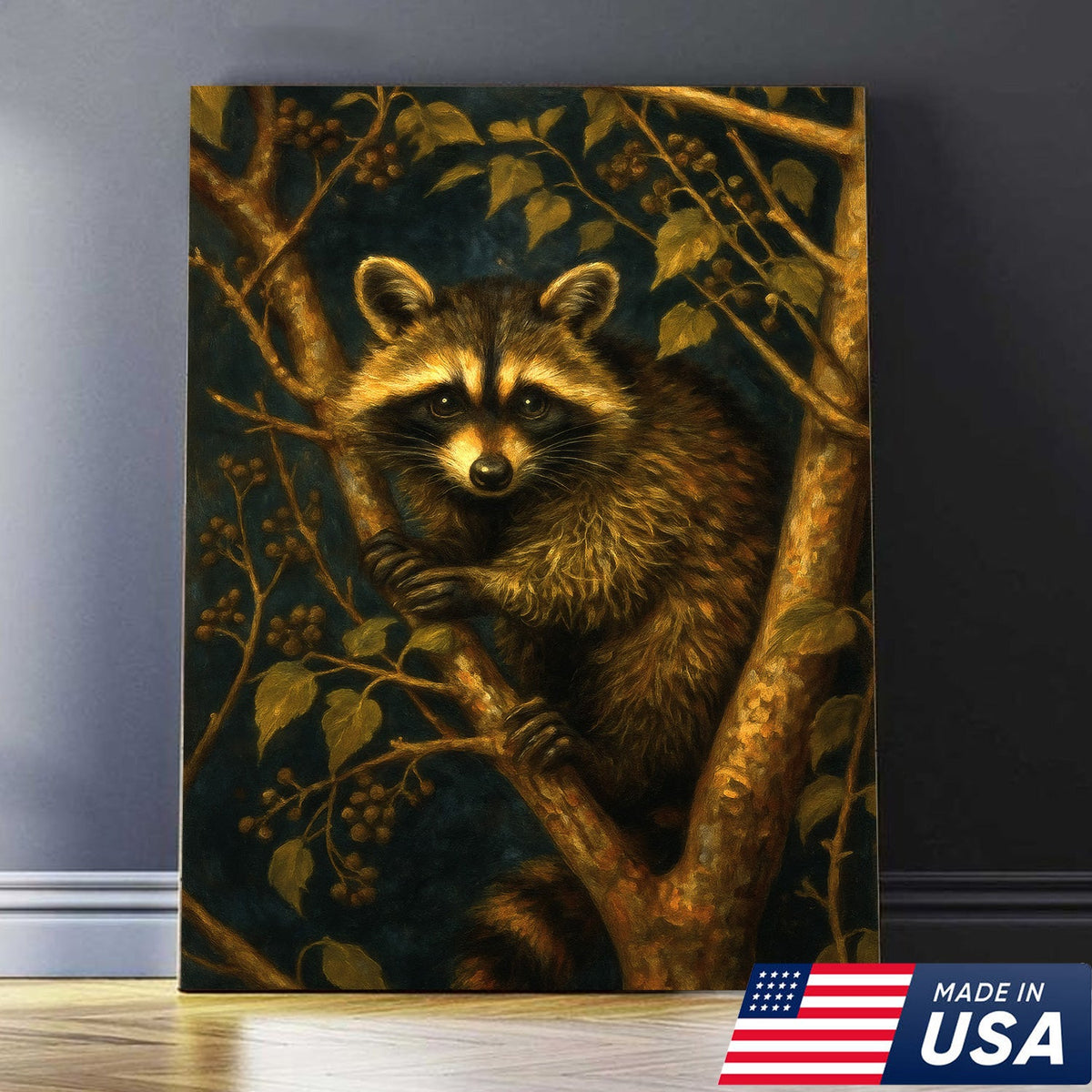 Raccoon Canvas Wall Art – Forest Night Wildlife, Rustic Lodge Decor, Gift for Animal Lovers