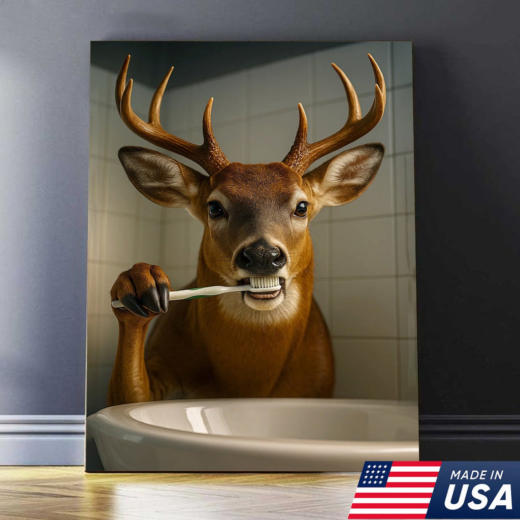 Deer Canvas Wall Art – Funny Buck Brushing Teeth Unique Bathroom Decor for Hunters