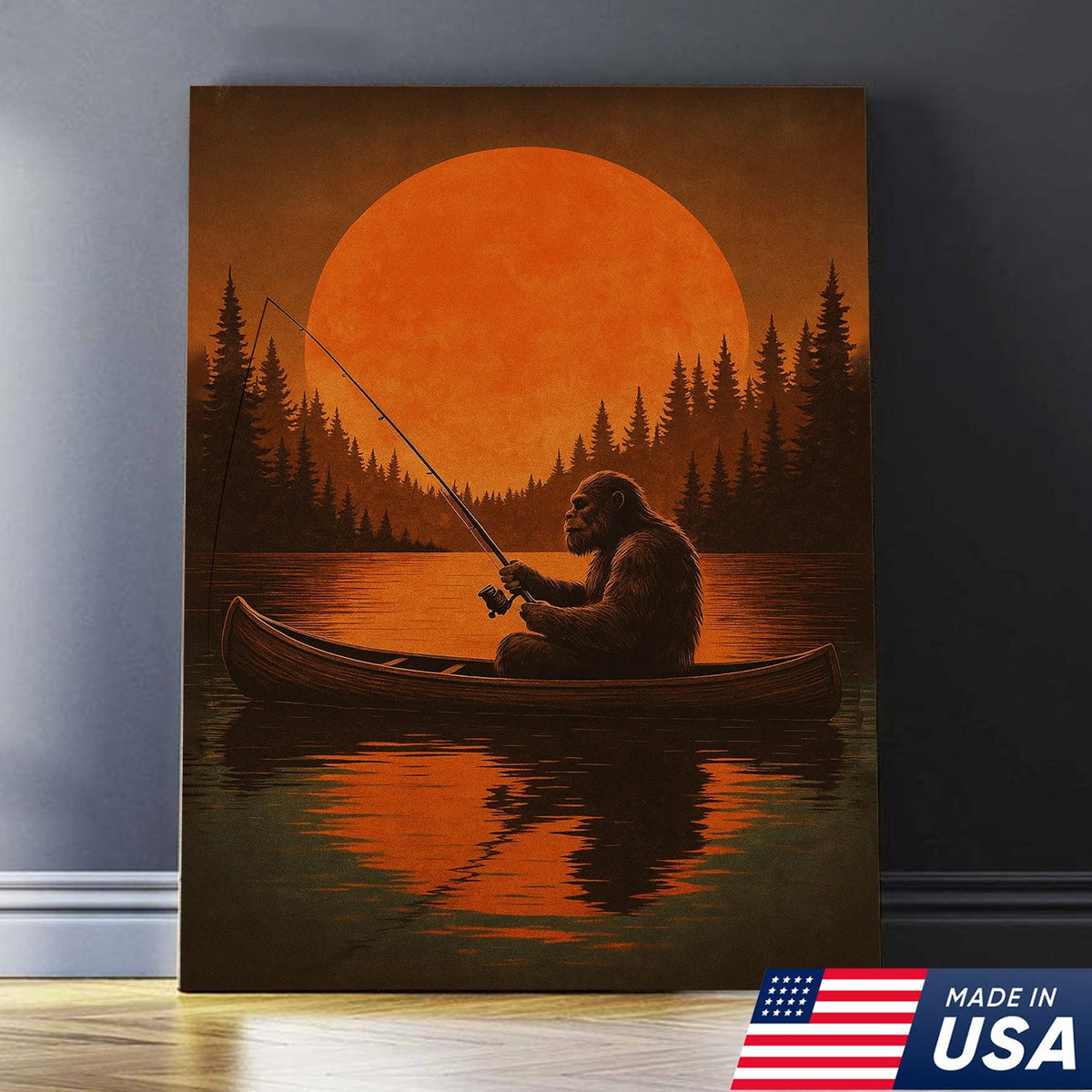 Funny Bigfoot Fishing Wall Art – Sasquatch Canoe Sunset Canvas for Anglers, Hunters