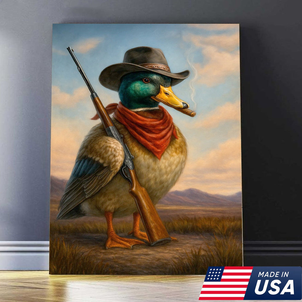 Cowboy Duck with Rifle Canvas Wall Art, Funny Western Hunter Decor for Lodge or Cabin