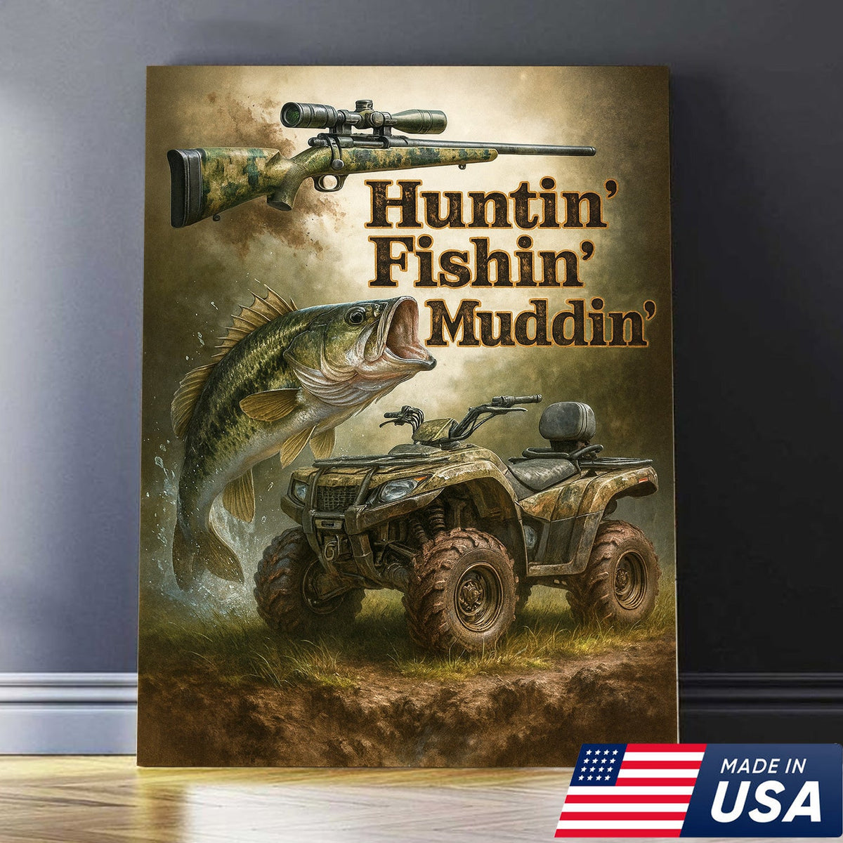 Huntin’ Fishin’ Muddin’ Canvas Wall Art, Deer Hunting and Fishing Decor for Men, Rustic ATV Cabin Artwork