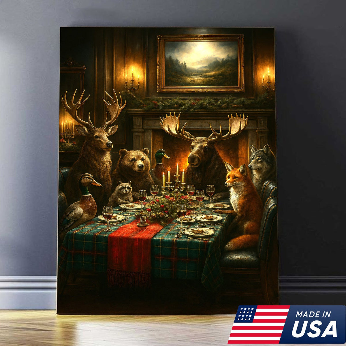 Rustic Wildlife Dinner Scene Wall Art Canvas – Forest Animal Gathering Decor