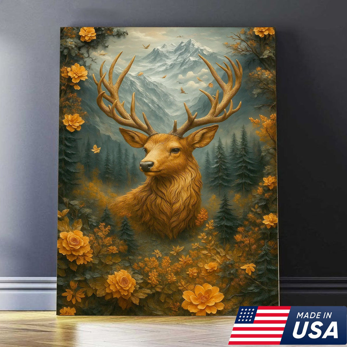 Floral Mountain Stag Canvas Wall Art, Woodland Deer with Antlers, Rustic Cabin Nature Decor