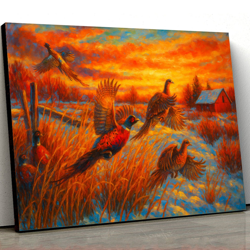 Flying Pheasants Sunset Canvas Wall Art – Rustic Hunting Cabin Decor for Nature Lovers