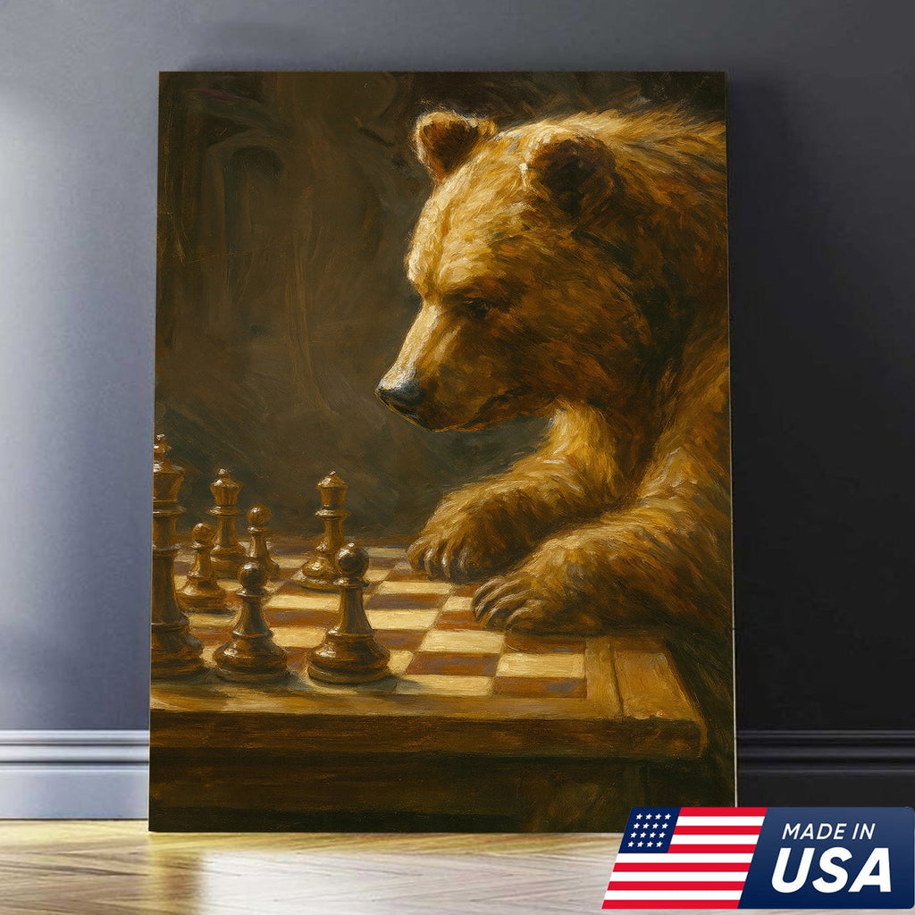 Rustic Bear Playing Chess Canvas Wall Art for Hunting Cabin or Lodge Decor, Wildlife Gift Idea