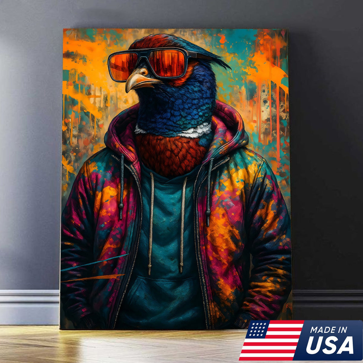 Cool Pheasant Wall Art – Hipster Bird in Hoodie Canvas Print, Urban Street Style Home Decor Gift