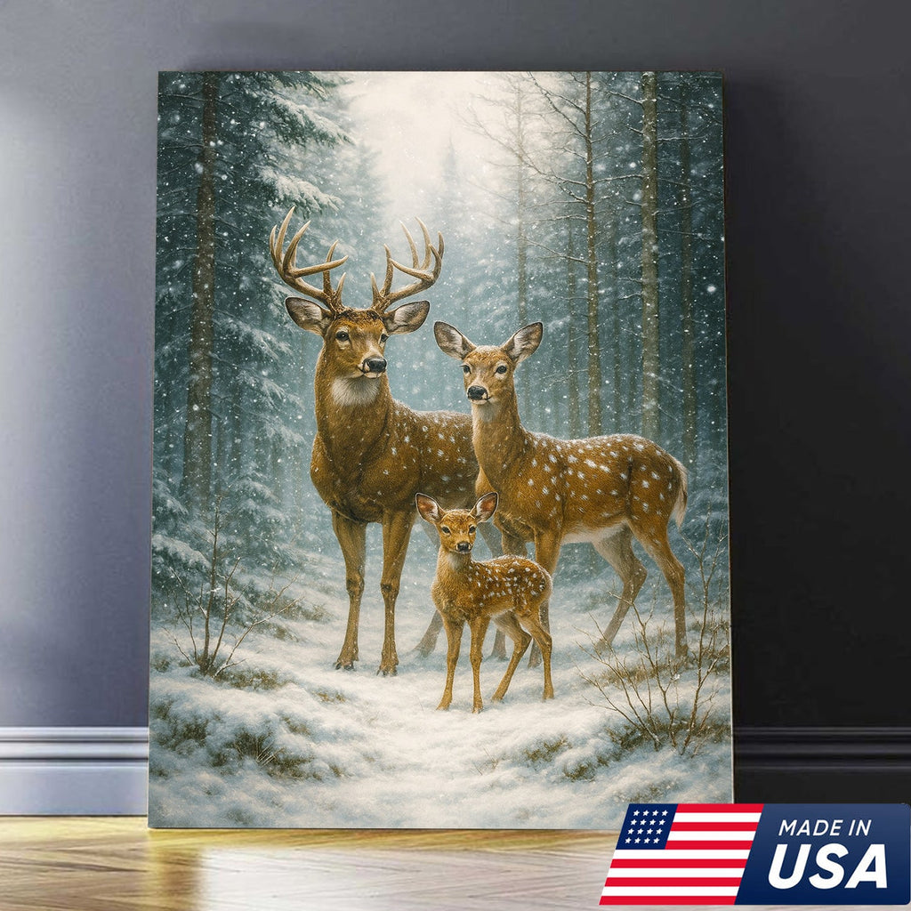 Deer Family Winter Forest Wall Art Canvas – Christmas Wildlife Gift for Nature Lovers & Cabin Homes