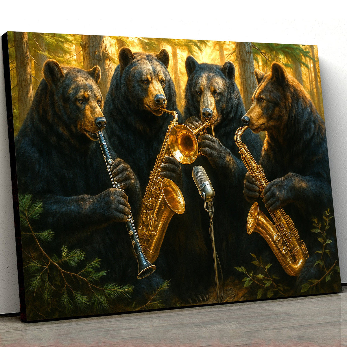 Funny Bear Band Canvas – Rustic Cabin Wall Art Gift for Hunters, Musicians & Nature Lovers