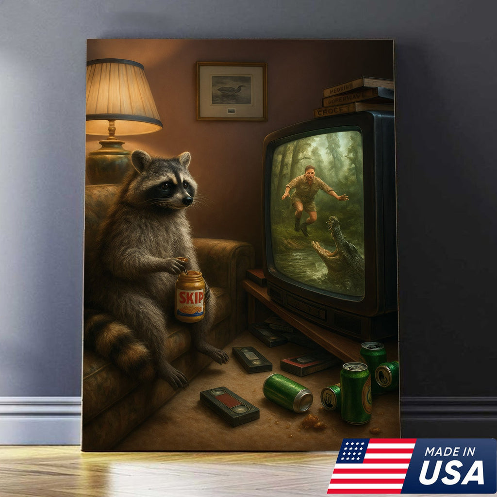 Funny Raccoon Watching TV Wall Art – Lazy Animal Painting, Wildlife Humor Canvas