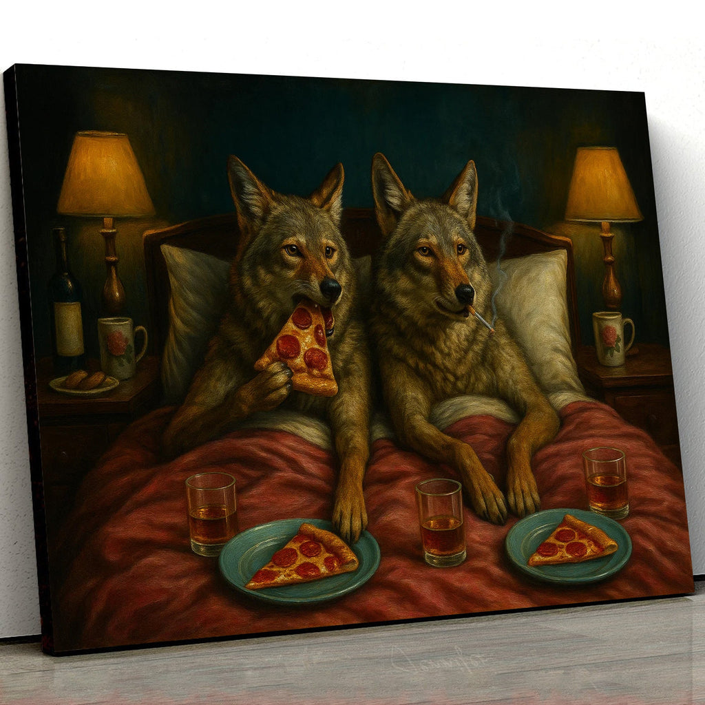 Whimsical Wolf Coyote Couple Pizza Night Canvas Wall Art – Cozy Bed Scene